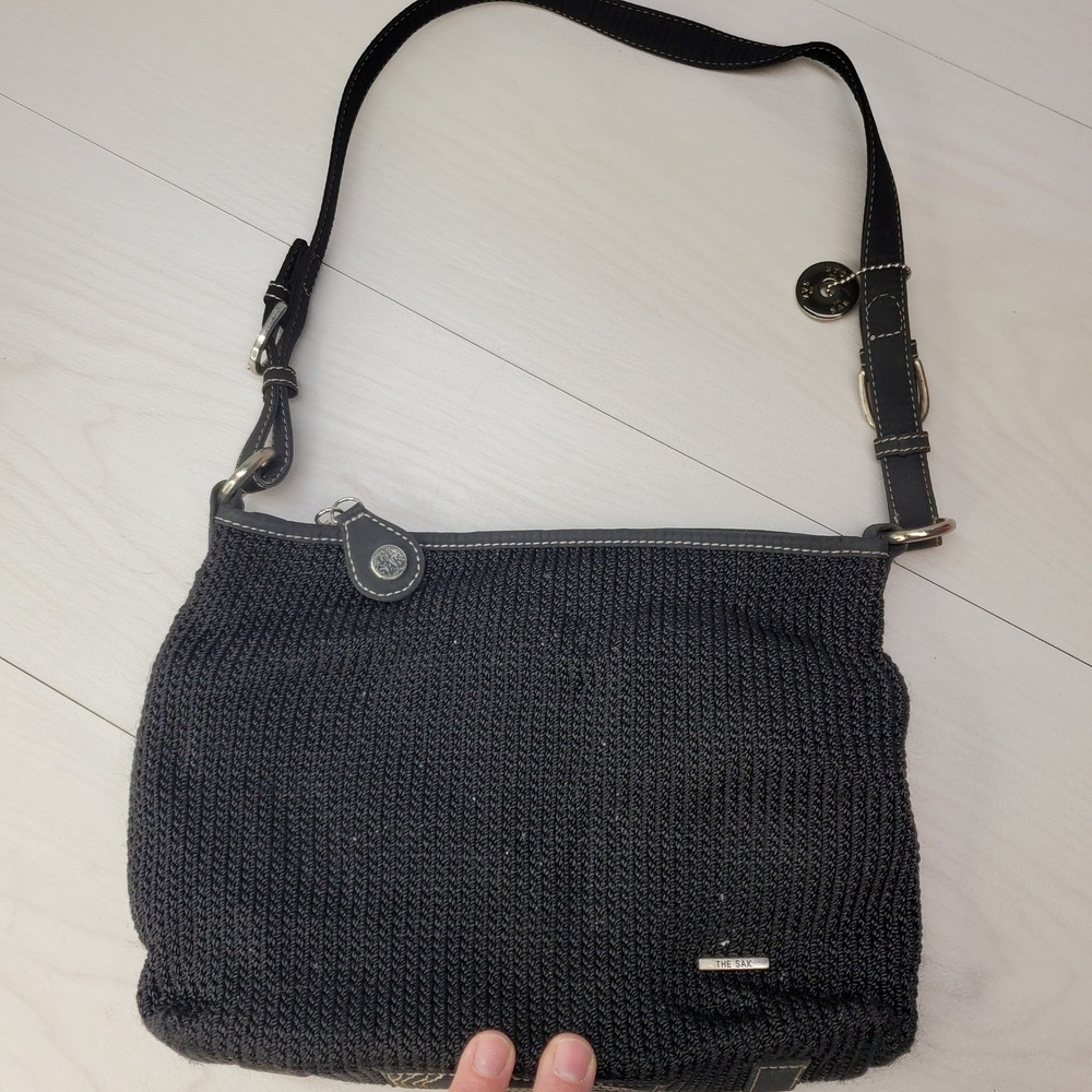 The Sak Black Woven Shoulder Bag Adjustable Strap Colorful Striped Lining